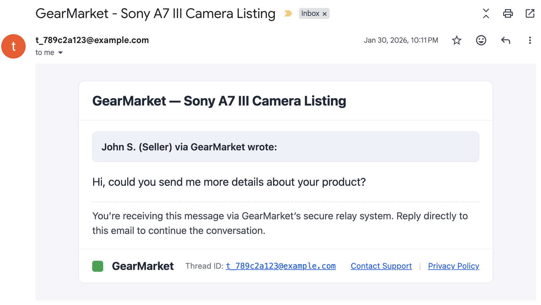 Illustration of RelayCore routing marketplace buyer and seller email through a private relay thread